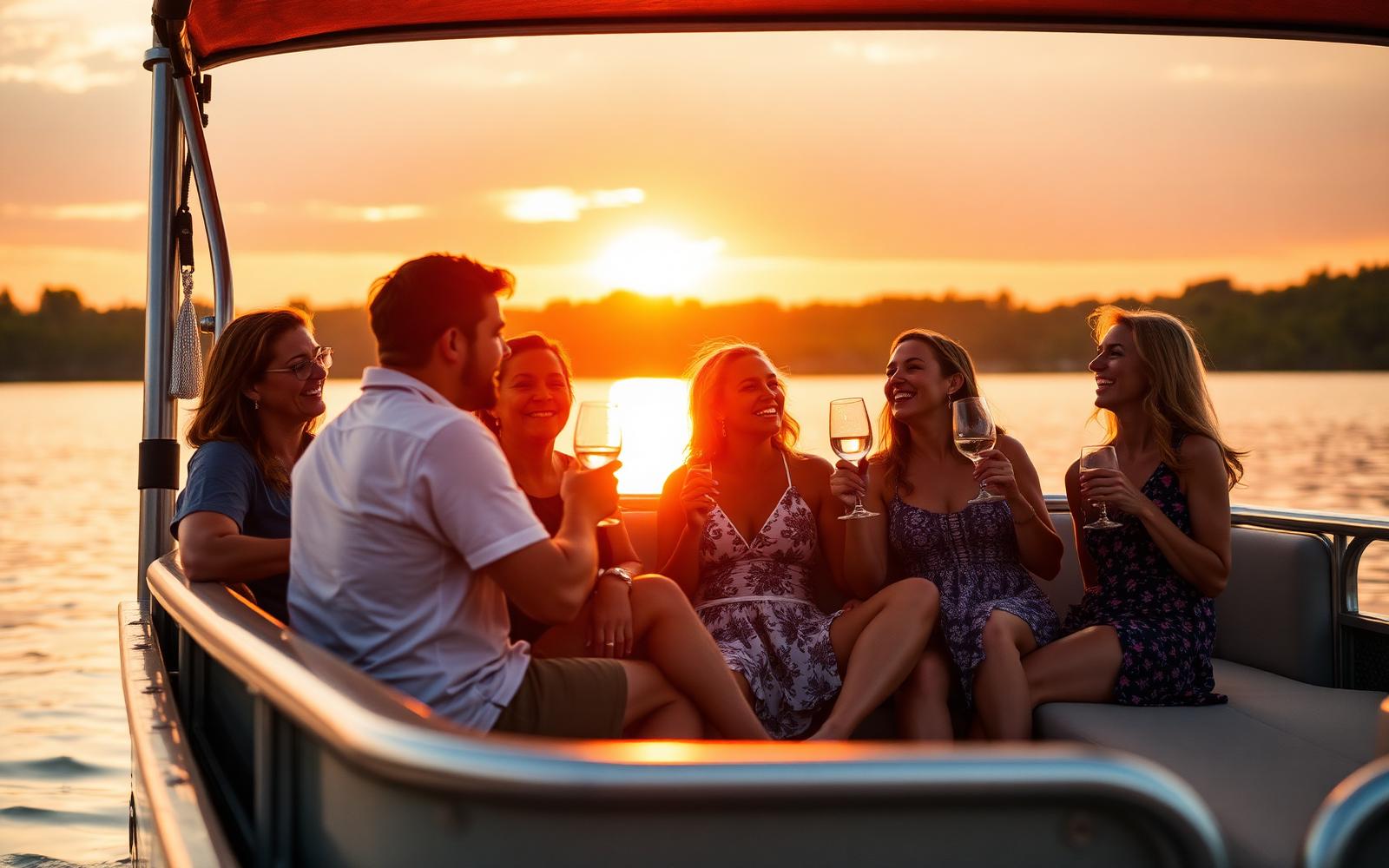 Família e amigos a bordo de um Pontoon Sagres ao pôr do sol